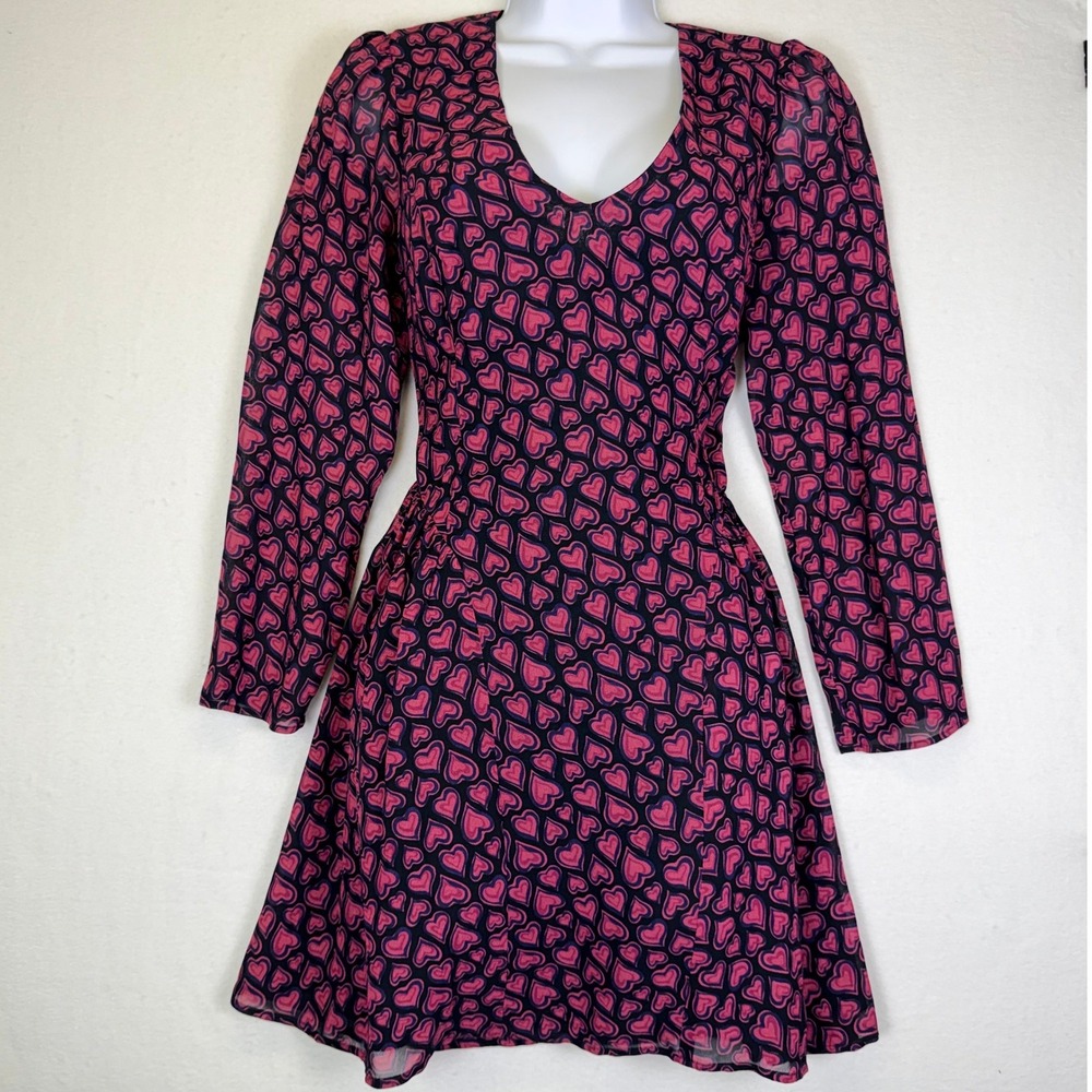 Reformation Lula Pink Heart Print V-Neck Long Sleeve Mini Dress Sz 6 Romantic